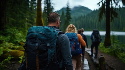 Hiking Group on Scenic Trail, Backpacking Adventure in Lush Green Forest
