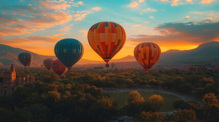 Obraz premium Few Hot Air Balloons in Flight on sunset sky background. Festival of colored balloons. Outdoor, Colorful