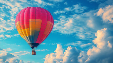 Naklejka premium Multicolored, large balloon against the blue sky. Travel concept, dream, new emotions, travel agency.