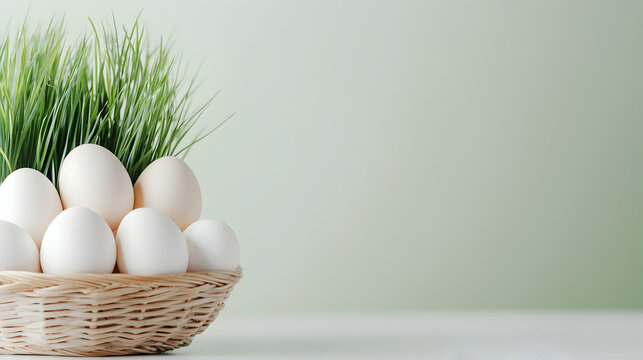 Easter eggs in basket with grass, spring background, holiday card