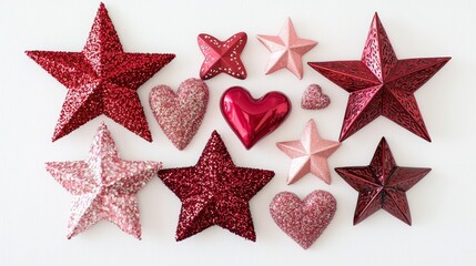 Obraz premium Glittery Valentine-themed star collection with heart-shaped cutouts in vibrant red and pink tones, arranged on white