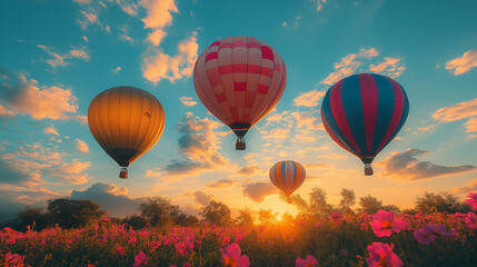 Fototapeta premium Beautiful colorful hot air balloons flying over mountain at view point Sunset of travel place