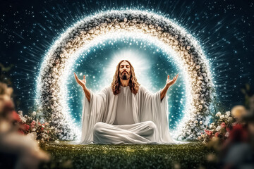 A divine character stands with arms raised in a gesture of blessing. The serene atmosphere is filled with soft golden light, surrounded by an adoring crowd, all inspired by the moment