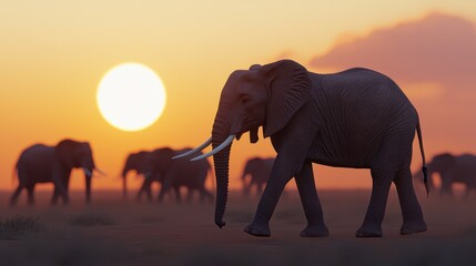 Fototapeta premium Elephants Walking Silhouettes Against Vibrant Sunset Horizon