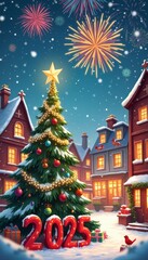Obraz premium A beautifully decorated Christmas tree stands proudly in a snowy courtyard, surrounded by charming houses glowing with warm light. The vibrant fireworks illuminate the night sky, celebrating the