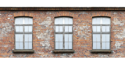 Three old industrial windows on a brick wall with transparent background