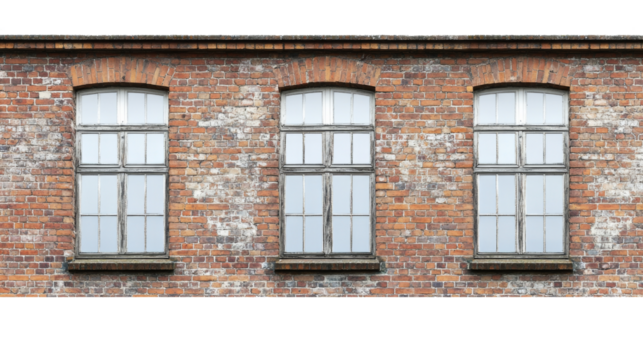 Three old industrial windows on a brick wall with transparent background