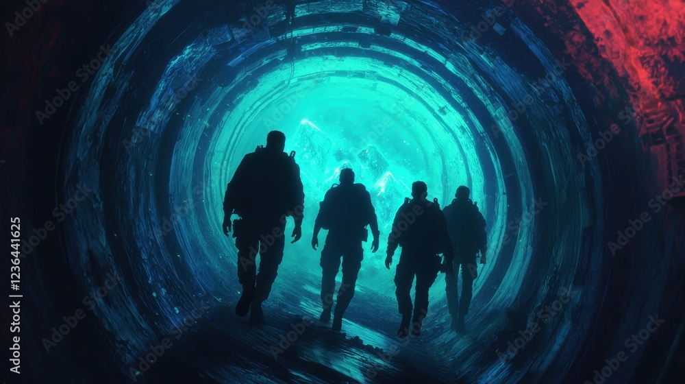 Poster mysterious figures walking through a colorful tunnel of light