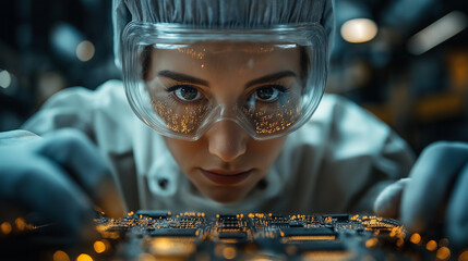 Microelectronics engineer works in a modern scientific laboratory on computing systems and microprocessors. Electronic factory worker 
