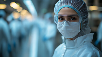 Close Up of a Female Electronics Factory Worker in Work Coat and Protective Glasses . High Tech Factory Facility with more Employees in the Background