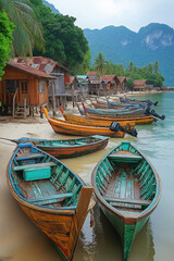 Obraz premium Colorful wooden boats lined up on a peaceful beach near traditional huts in a tropical location