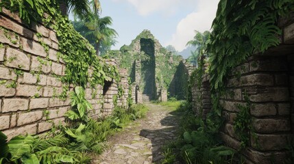 Ancient Ruins Surrounded by Lush Greenery and Tropical Plants