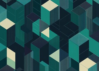 A flat pattern of geometric shapes, like cubes or triangles, arranged in an isometric perspective on a dark teal background