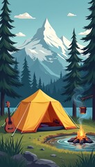 A picturesque camping scene unfolds with a vibrant yellow tent nestled among towering pine trees, set against majestic mountains. The inviting campfire crackles nearby, while a guitar leans against