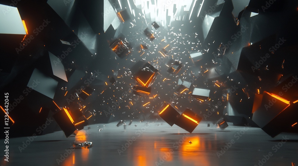 Poster abstract 3d rendering of shattered geometric forms with vibrant orange highlights