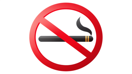 Red No Smoking Sign with Crossed-Out Cigarette Icon on Transparent Background for Public Area Safety and Smoking Restrictions