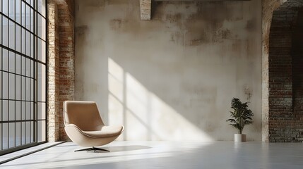 A white chair sits in front of a window in a room with a brick wall