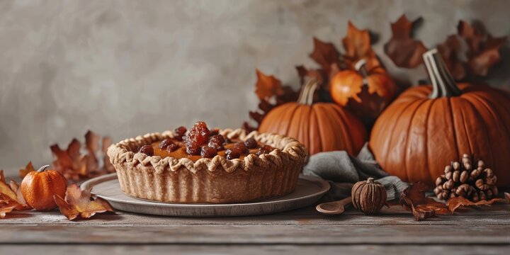 Pumpkin pie and pumpkins for fall, on a wood table, for food blog header.