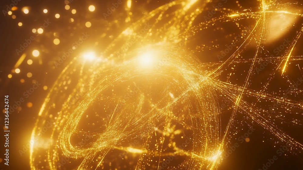 Poster golden abstract digital network connection with lines and dots in 3d perspective