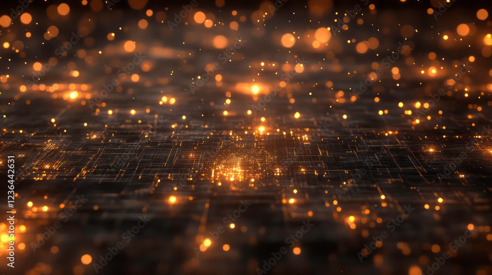 Poster abstract glowing circuit board with orange sparks and bokeh effect.