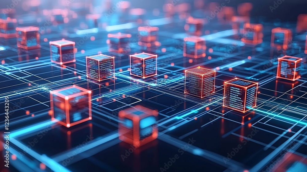 Aufkleber abstract digital data cubes connected by glowing lines on a dark background.