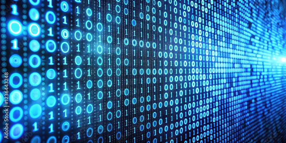 Poster abstract digital wallpaper: high-depth blue-grey binary code, tech texture, futuristic design.