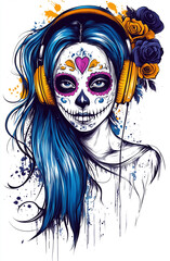 A striking sugar skull girl with blue hair and headphones adorned with flowers.