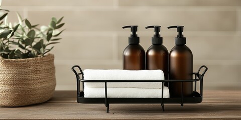 Shower Caddy Concept. Bottles and towels arranged in a modern bathroom setting with greenery in a basket.