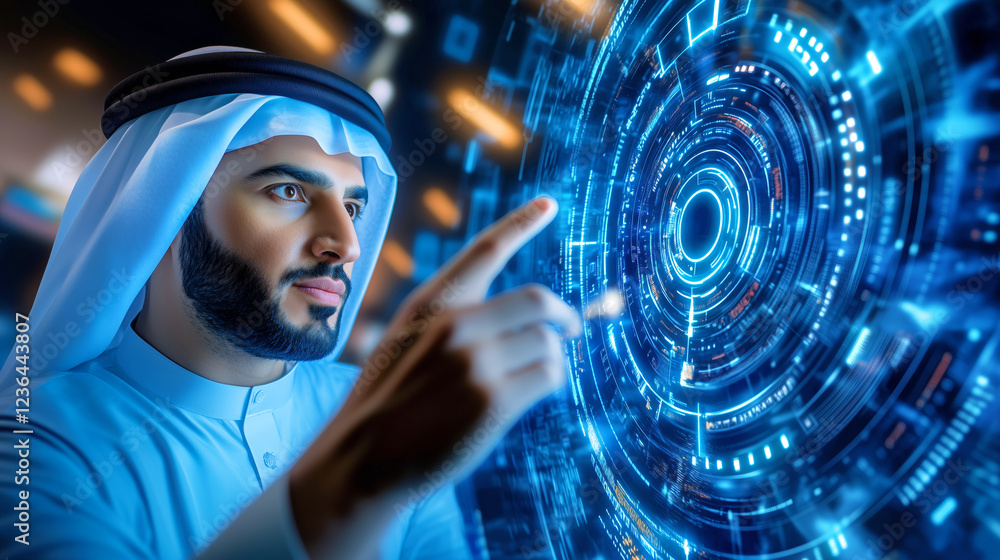 Poster a middle eastern man dressed in traditional attire engages with a glowing digital interface, showcas