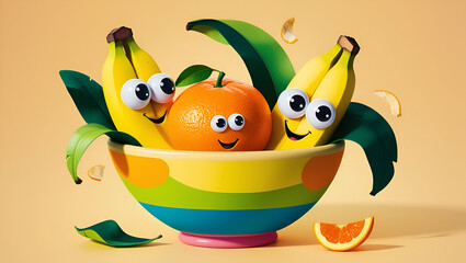 Obraz premium A whimsical scene unfolds with a bowl brimming with cheerful fruit , Two bananas with googly eyes and a smiling orange with button eyes peek over the rim , Colorful leaves and orange slices 