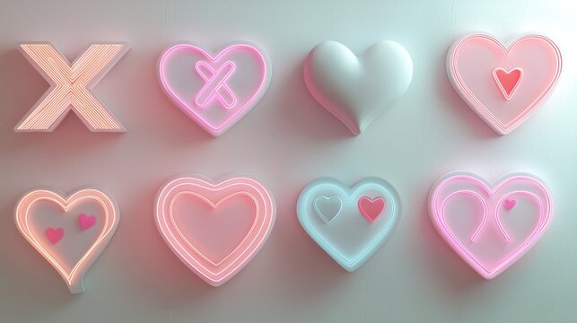 Decorative assortment of glowing XOXO cutouts with hearts and love symbols, arranged creatively on a crisp white backdrop