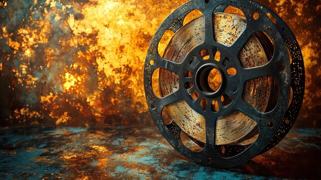 Old film reel on grunge floor with fiery background, ideal for vintage cinema concepts