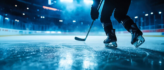 Naklejka premium Dynamic close-up of a hockey player’s skates gliding on the ice, kicking up snow.Intense arena lights, action-packed energy, pro-level speed capture the thrill of competitive ice hockey.Generative ai