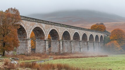 Autumnal viaduct, misty valley, Scotland