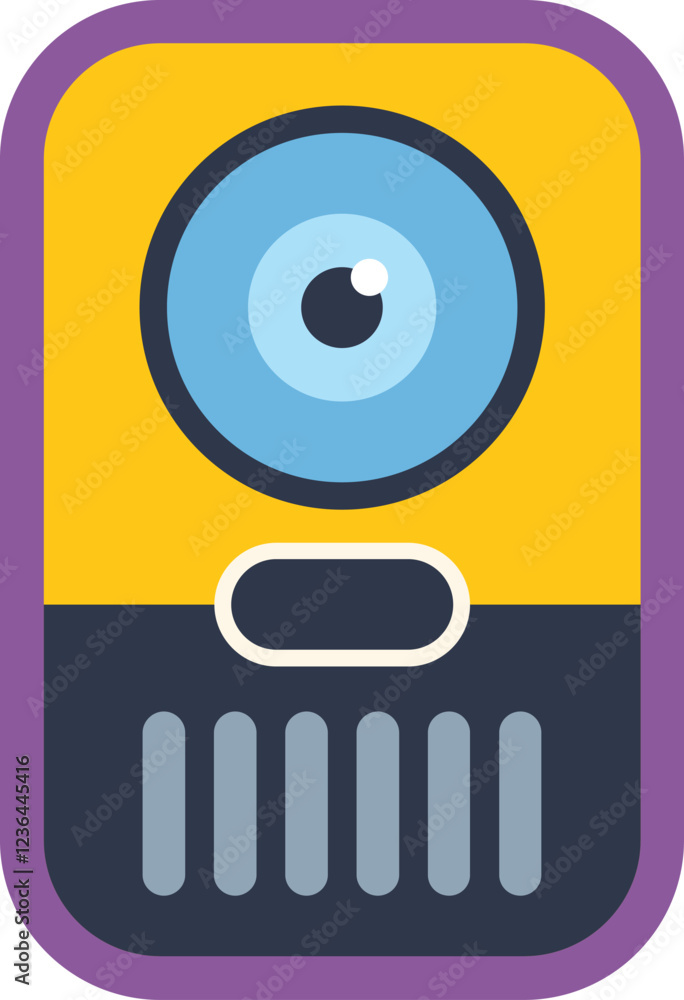 Poster modern colorful intercom system with a big blue eye, a button and a speaker grill is observing