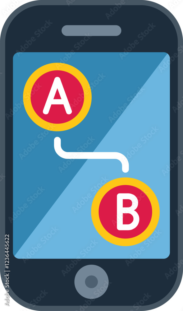 Poster smartphone showing route from point a to point b on screen, concept of mobile navigation, gps naviga