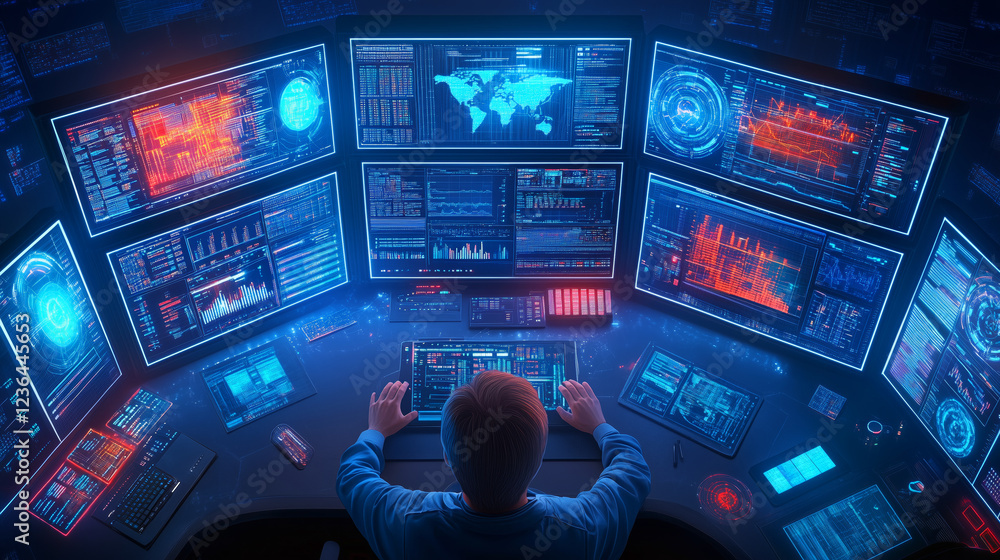 Poster a person operates controls in a high-tech control room surrounded by large screens full of colorful 