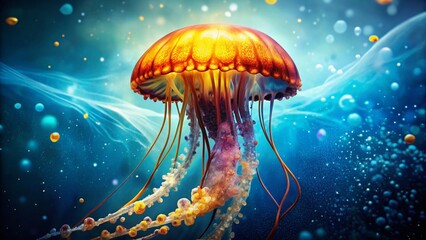 Fototapeta premium Surreal Vibrant Jellyfish in Blue and Orange Seascape