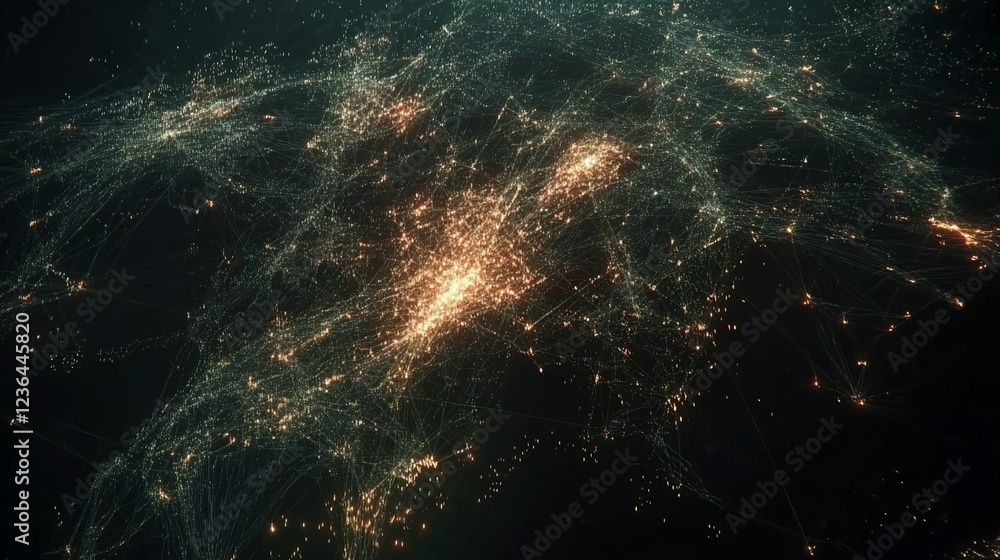 Poster network of light patterns illuminating a dark background, resembling city connections or data visual