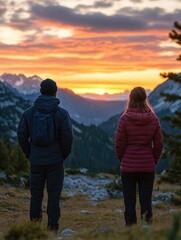 Obraz premium Two people admiring a breathtaking view of a snow-capped mountain range at sunset.