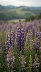 Vast field of purple lupine flowers stretching across rolling hills with distant mountains creating a breathtaking and serene landscape