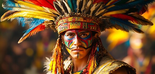 Fototapeta premium Aztec priest adorned in ceremonial attire with vibrant feathered headdress and tribal face paint