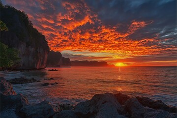Dramatic sunset over serene coastline with vibrant colors reflecting on the ocean surface