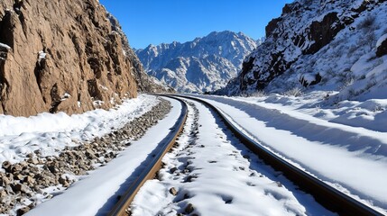 Train tracks wind through a snowy mountain pass.  A stunning winter landscape.
