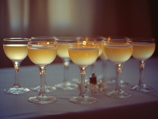 Collection of martini glasses with olive garnish, filled and ready for toasting.