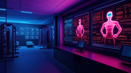Futuristic Gym Interior with Neon Lights and Digital Displays