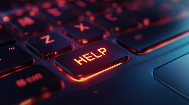 Glowing red help key highlighting keyboard urgency, surrounding keys dimly illuminated in deep crimson lighting