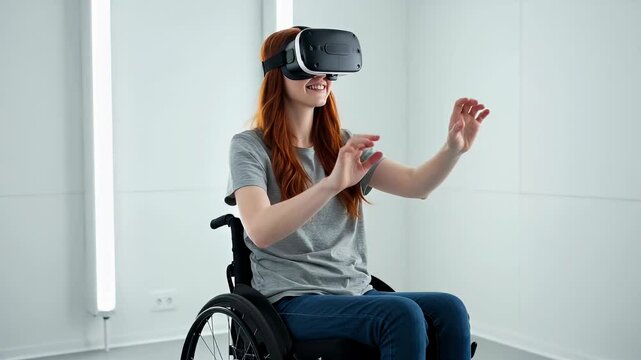 Young Caucasian girl sitting in a wheelchair wearing virtual reality goggles enjoying an immersive game