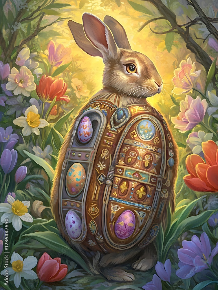 Canvas Prints Enchanted Easter Bunny with Decorative Egg Surrounded by Flowers