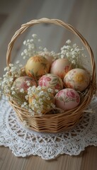 Charming Easter eggs with floral patterns nestled in a woven basket on a lace doily creating a festive and cozy springtime display